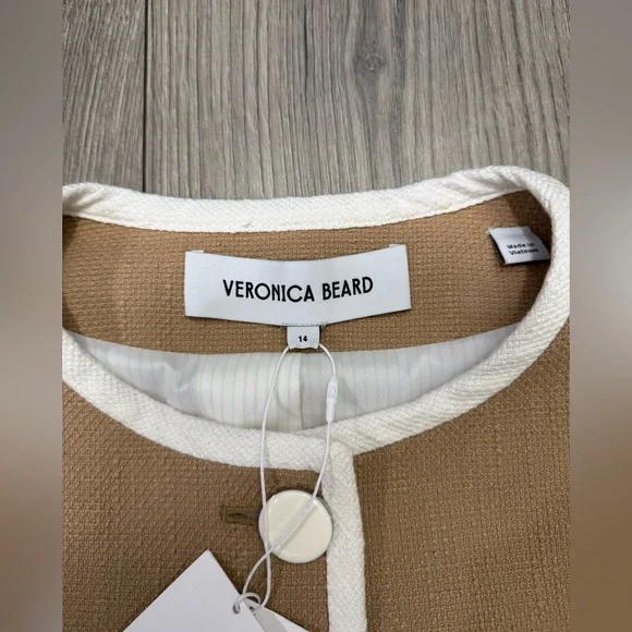 Veronica Beard Beale Contrast Detail Cotton Blend Tweed Jacket in Khaki Size 14 - Picture 6 of 14
